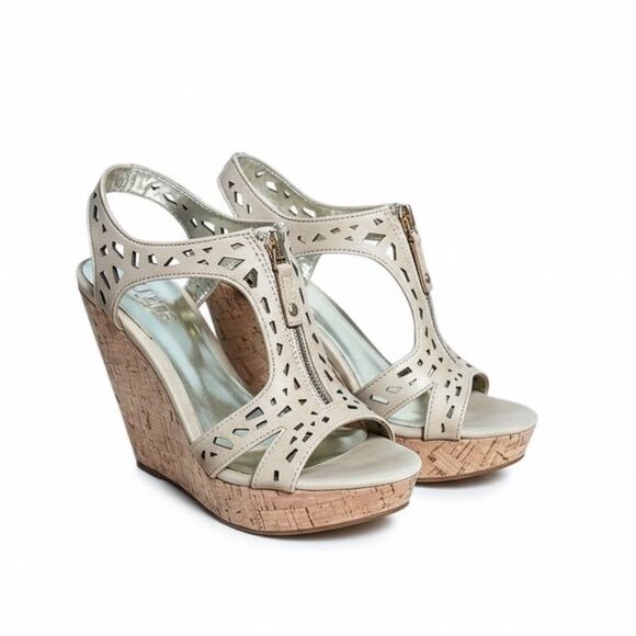 Carlos Santana NWT Cutout Geneva Cork Wedge Heel Sandals Natural Size 6.5 - Picture 1 of 9